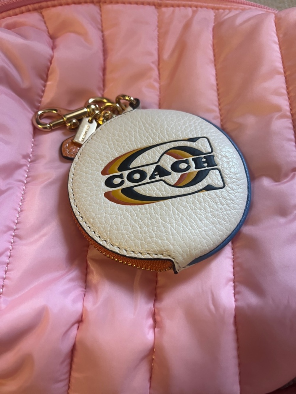 Coach White Round Leather Coin Pouch with Multicolor Logo
